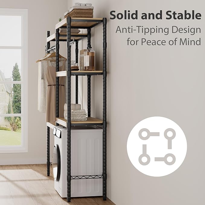 30 in 5-Tier Over-The-Washer Shelf – Adjustable Height Laundry Organizer with Double-Layer Wood Shelves (100 LB Capacity), Space-Saving Storage for Bathroom, Laundry Room, Balcony (Natural, Black)