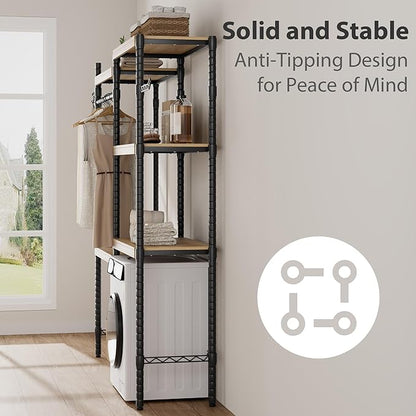 30 in 5-Tier Over-The-Washer Shelf – Adjustable Height Laundry Organizer with Double-Layer Wood Shelves (100 LB Capacity), Space-Saving Storage for Bathroom, Laundry Room, Balcony (Natural, Black)