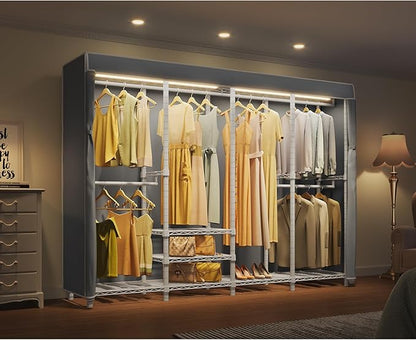 VIPEK V40LC Covered Clothes Rack with Dimmable LED Lights, Heavy Duty Garment Rack with Cover Portable Closet Wardrobe Clothing Racks for Hanging Clothes, White Closet Racks with Grey Oxford Cover