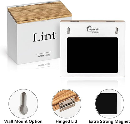 Magnetic Lint Bin for Laundry Room - Compact Size, Wooden Dryer Lint Bin with Lid - Rustic Lint Box, Magnetic Bin - Modern Farmhouse Laundry Room Decor, White with Torched Lid