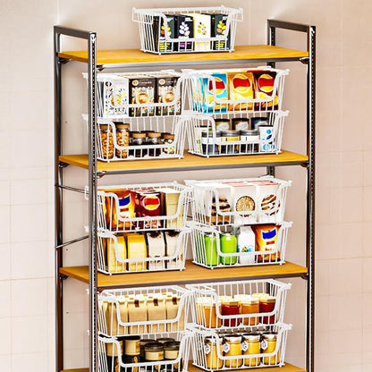 4 Pack Enhanced Leak-Proof Bottom Stackable Wire Baskets, Pantry Organizers and Storage, Pantry Storage，Shelf Baskets, Fruit Basket, Potato and Onion Storage Bins，(White)