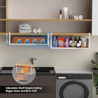 2Pack Under Shelf Basket, Adjustable Hanging Under Cabinet Shelf Storage, Hanging Holder Length Stretchable 14.9-22.6Inch for Kitchen Pantry Desk Counter Bookshelf Cupboard (White)