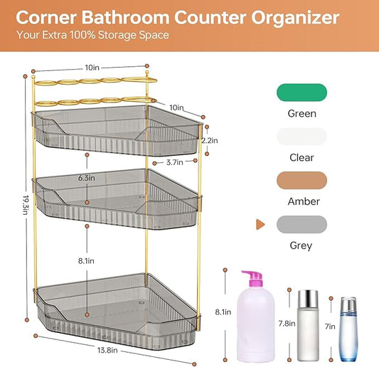 ZZWILLB Corner Bathroom Counter Organizer with Makeup Brush Holder & Toothbrush Holders, Makeup Organizer for Vanity Countertop, Acrylic Skincare Storage Shelf (Grey, 3-Tier)