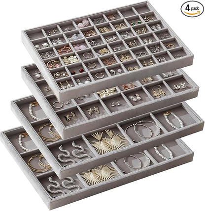 KATISYIO Large Jewelry Drawer Organizer Trays Set of 4, Stackable Velvet Jewelry Trays Organizer Holder Display Storage Showcase for Earring Necklace Bracelet Ring Accessary (Gray, 12+12+24+48 Grids)