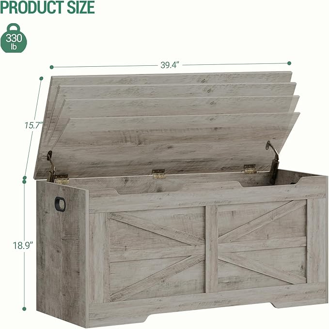 39.4" Storage Chest, Extra Large Storage Trunk with 2 Hinges, Wooden Box Bench, Lift-Top Organizer Chest, Shoe Bench for Entryway, Bedroom, Living Room, Greige SB03405X