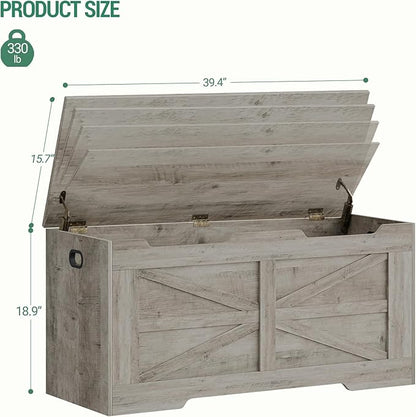 39.4" Storage Chest, Extra Large Storage Trunk with 2 Hinges, Wooden Box Bench, Lift-Top Organizer Chest, Shoe Bench for Entryway, Bedroom, Living Room, Greige SB03405X