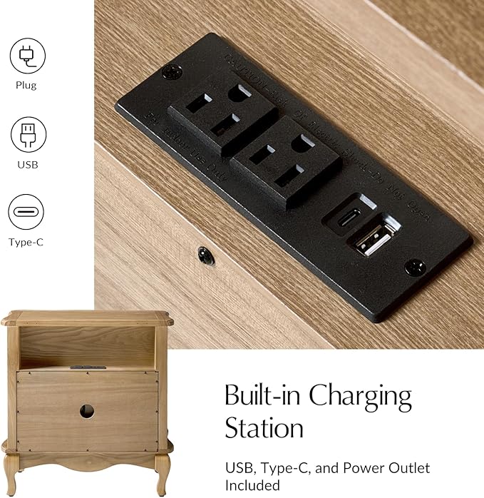 HULALA HOME Nightstand Set of 2 with 2 Drawers of Sculpted Drawer Front, French End Table with Curved Tabletop, Vintage Night Stand with Charging Station, Solid Wood Legs(Oak)