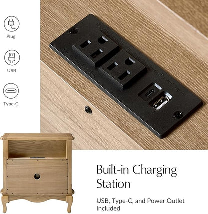 HULALA HOME Nightstand Set of 2 with 2 Drawers of Sculpted Drawer Front, French End Table with Curved Tabletop, Vintage Night Stand with Charging Station, Solid Wood Legs(Oak)