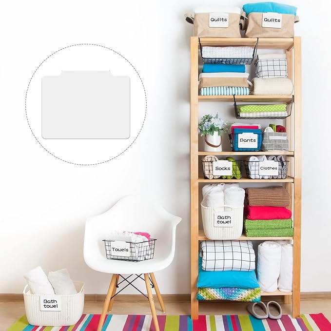 9 Pcs White Basket Labels Clip on Removable Hanging Label Holder with Chalk Markers for Storage Bin Basket Box Kitchen Pantry