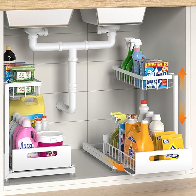 Under Sink Organizer Storage 2-Tier Premium Metal Pull-Out Racks, Height Adjustable, Heavy Dut and Easy Installation for Kitchen & Bathroom Organizers 2 Pack