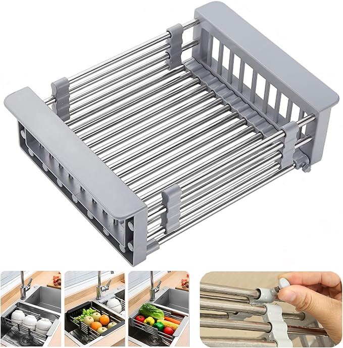 Large Dish Drying Rack for Kitchen Counter/Sink, Expandable Stainless Steel Sink Organization and Storage Essentials, Home and Appartment Decor, 8.86" W x 11.22"-18.5" L,Grey