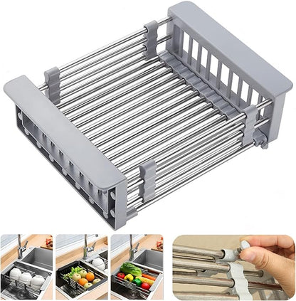 Large Dish Drying Rack for Kitchen Counter/Sink, Expandable Stainless Steel Sink Organization and Storage Essentials, Home and Appartment Decor, 8.86" W x 11.22"-18.5" L,Grey