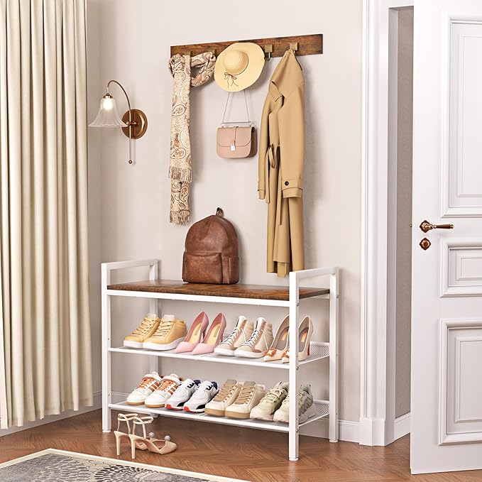 Shoe Rack for Front Door Entrance, 3 Tier Shoe Rack for Entryway, Shoe Shelf for Closet, Metal Shoe Racks Organizer with Sturdy Wooden Top & Steel Frame,(White+Beige)