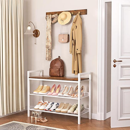 Shoe Rack for Front Door Entrance, 3 Tier Shoe Rack for Entryway, Shoe Shelf for Closet, Metal Shoe Racks Organizer with Sturdy Wooden Top & Steel Frame,(White+Beige)