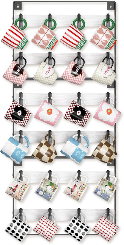 EsLuker.ly Mug Holder Hanger Rack Wall Mounted Wooden 3 Pack Coffee Cup Storage Organizer Display Shelf with 24 Removable Plastic Hooks, Ideal for Mug Collectors, White-Black