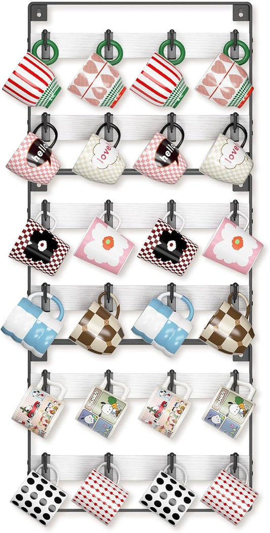 EsLuker.ly Mug Holder Hanger Rack Wall Mounted Wooden 3 Pack Coffee Cup Storage Organizer Display Shelf with 24 Removable Plastic Hooks, Ideal for Mug Collectors, White-Black