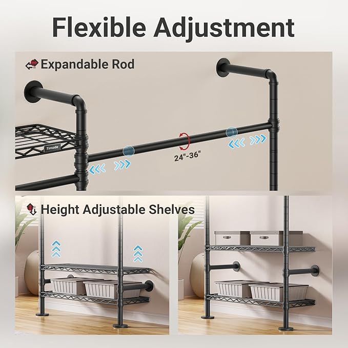 Timate F6 Wall Mounted Clothes Rack - Expandable Industrial Pipe Closet System, Heavy Duty Hanging Garment Rack, Closet Organizer & Storage Solution for Wardrobe, Bedroom,Walk-in Closets,Black
