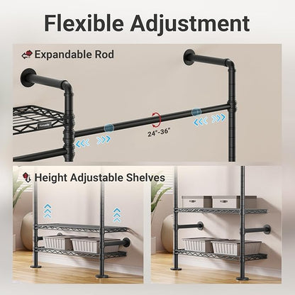 Timate F2 Pro Expandable Wall Mounted Clothes Rack Industrial Pipe Clothing Rack for Hanging Clothes, Heavy Duty Clothes Rack with Shelves, Garment Rack Wall Closet System, Black Pipe Closet Kit