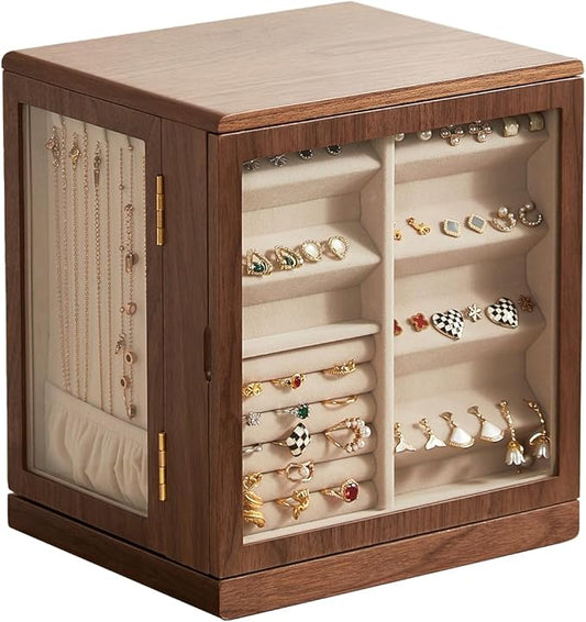 Homruilink Black Walnut Wooden Jewelry Box - 360° Rotating Jewelry Organizer for Women with 5 Drawers for Rings,Necklaces,Earrings and Bracelets -Large Storage Case - Valentines Day Gifts for Her