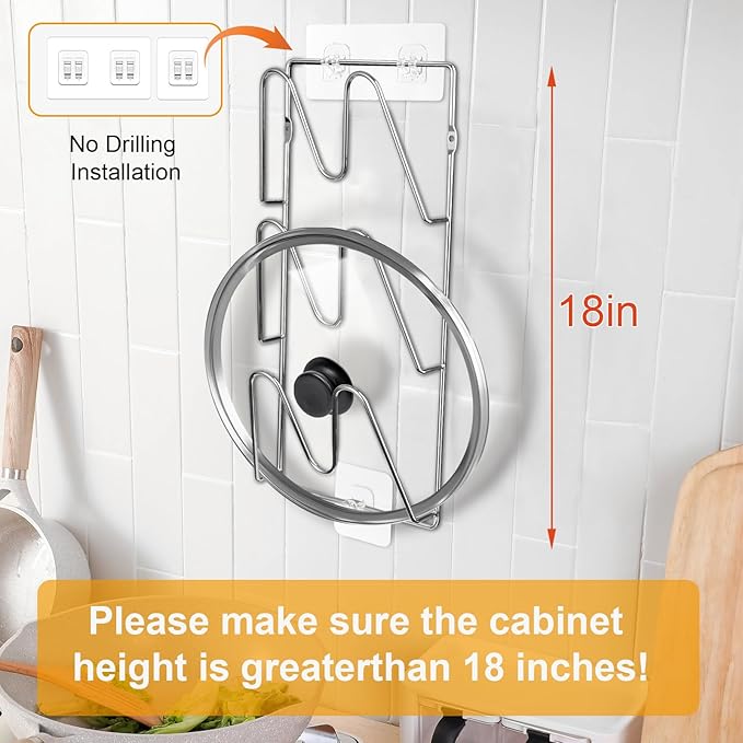 MZTOOL 2 Pack Pot-Lid-Organizer, 6-Tier Pots and Pans Lid-Organizer for Cabinet Door/Wall, No Drilling Adhesive Wall/Door Mounted Rustproof Pot-Lid-Holder for Kitchen Organization - silver
