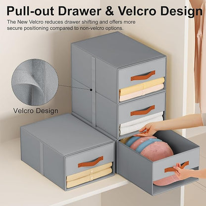 Stackable Storage Drawers - Pull Out Storage Bins with Drawers for Closet Clothes Organizers with Weekly Labels & Clear Window, Closet Shelf Storage for Bedroom, Living Room, 5 Pack, Beige