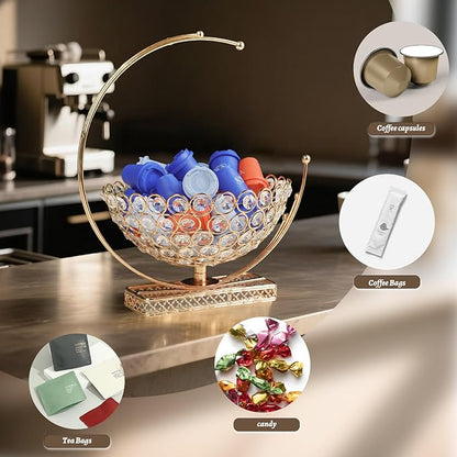 Metal & Crystal Coffee Pod Holder & Candy Basket - Elegant Multipurpose Storage Organizer for K Cups, Espresso Pods, Treats - Kitchen, Office, Home Bar (Gold, 1 PC)