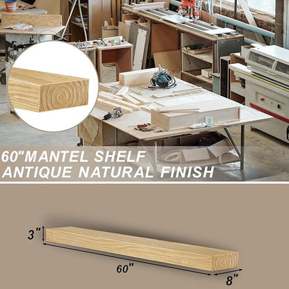 ROOMTEC Fireplace Mantel, 60" Wood Floating Fireplace Shelf, Wall Mounted Handcrafted Wood Brack, Mantels Over Fireplace with Upgraded Resin End Caps,60" W x 8" Dx 3" H, Aged Oak