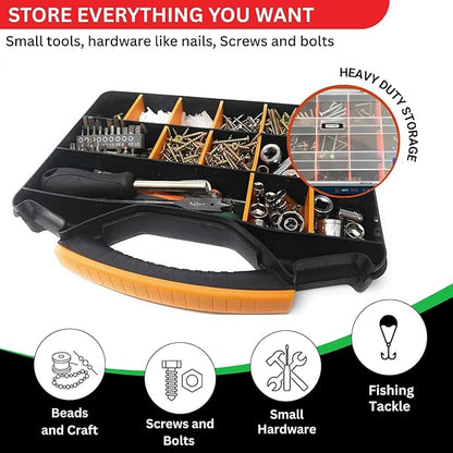 Andalus Tools Organizer Box, Small Parts Storage 18-Compartment Portable Hardware Organizer Removable Plastic Dividers for Screws, Nuts, Bolts, Nails – Orange (1 Pack, 12.75" x 10" x 1.75")