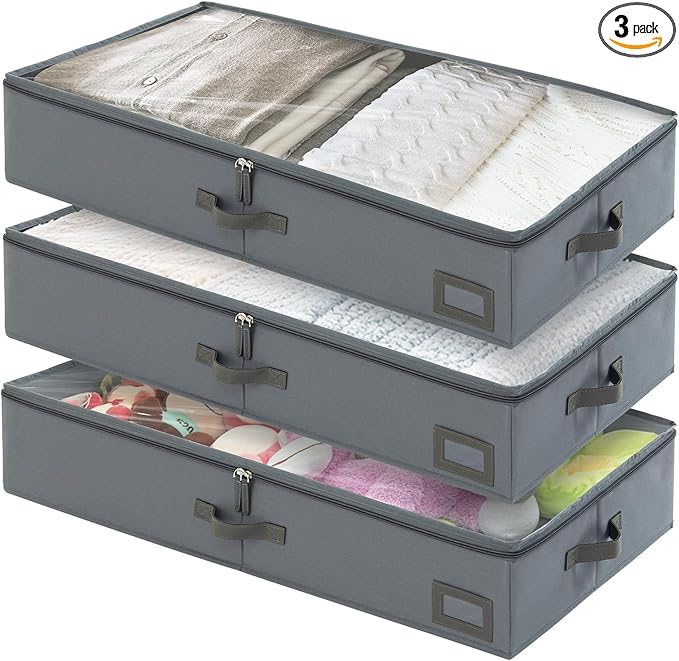 PLUMGEAN 6-Inch Under Bed Storage Containers (3-Pack) | Sturdy Sidewalls | Clear Cover & Label Holder | Underbed Organizer for Crib/Couch | Stores Clothing/Blankets/Wrapping Paper/Toys