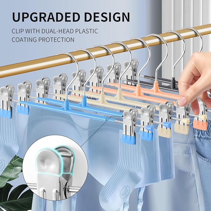 HWAJAN 10PACK 14Inch Pants Hangers with Clips Adjustable Skirt Hangers for Women Black Metal Non-Slip Trousers Hanger Heavy Duty Space Saving Clothes Hanger for Shorts,Jeans,Sky Blue