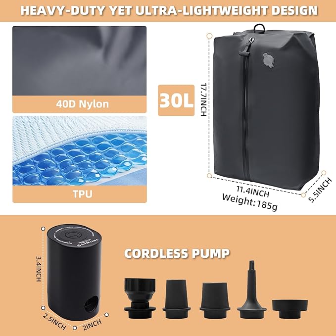 Vacuum Bags for Travel with Cordless Pump, 30L Airtight Compression TPU Bags,IP67 Reusable Storage Bag for Suitcase, Backpack, Luggage, Moving (1PC+Pump)