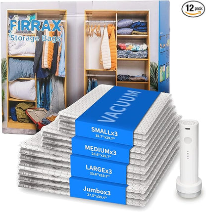 FIRRAX 12 Pack Vacuum Storage Bags for Travel with Electric Pump - (3J+3L+3M+3S) Vacuum Seal Bags for Clothing Travel, Space Saver Compression Packing Bags for Luggage, Clothes, Bedding
