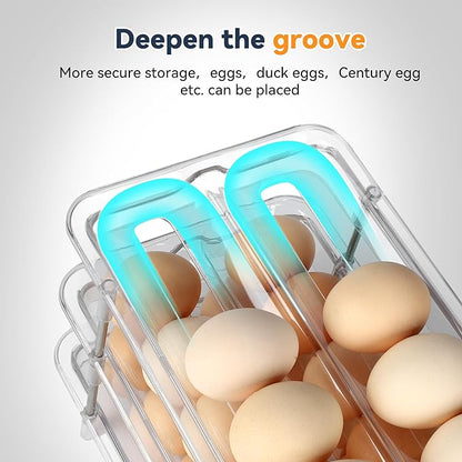Refrigerator Egg Holder, Self-Rolling Refrigerator Egg Container, Clear Plastic Egg Dispenser, Stackable Egg Organizer with Quick Detachable Inner Tray for Tissue and Storage, 2-Pack
