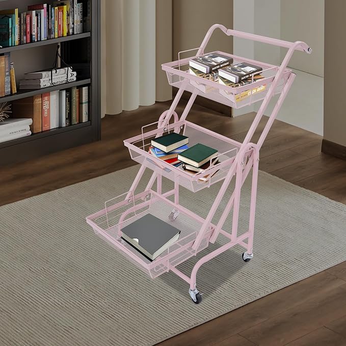 3 Tier Adjustable Storage Carts, Movable Utility Cart, Metal Rolling Cart, Multi-Functional Storage Trolley w/Wheels, Storage Shelves for Kitchen/Bathroom/Bedroom/Office (Pink)