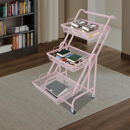 3 Tier Adjustable Storage Carts, Movable Utility Cart, Metal Rolling Cart, Multi-Functional Storage Trolley w/Wheels, Storage Shelves for Kitchen/Bathroom/Bedroom/Office (Pink)