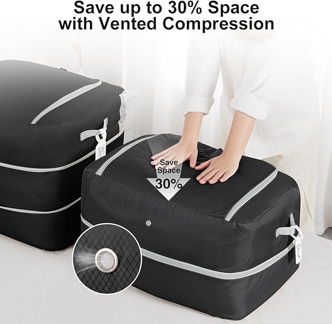 Easortm Comforter Storage Bag - 110L Large Capacity Blanket Storage Bags 2-Layer Ultra Space Saving Self Compression Organizer, Washable Compression Bags for Storage Comforter Blanket, 6-Pack, Black