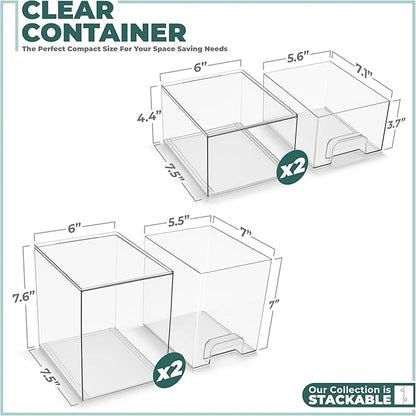 Sorbus Acrylic Storage Containers - 4 Pack, Stackable Storage Bins Set for Bathroom Organization - Clear Acrylic Drawer Organizers - Makeup Case Pull-Out Drawers (7.6’’ and 4.4’’ Tall)