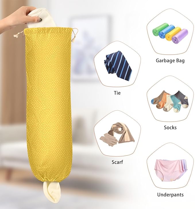 1 PC Plastic Bag Holder Wall Mount Grocery Bag Holder Shopping Bag Trash Bag Storage Organizer Dispenser for Kitchen Closet 22 x 9 Inch Geometric Yellow