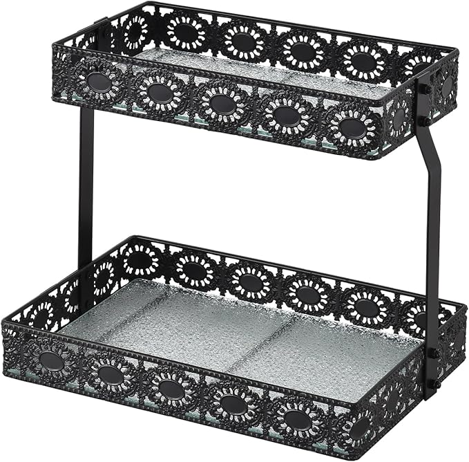 xiaojuande-Two Layer Glass Storage Tray with Portable Dressing Table Skin Care Product Organization Rack Corner Storage Rack for Bathroom Counter High-end Light Luxury Display Plate - Gold (Black)