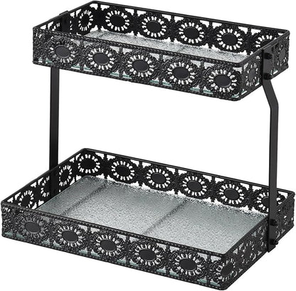 xiaojuande-Two Layer Glass Storage Tray with Portable Dressing Table Skin Care Product Organization Rack Corner Storage Rack for Bathroom Counter High-end Light Luxury Display Plate - Gold (Black)