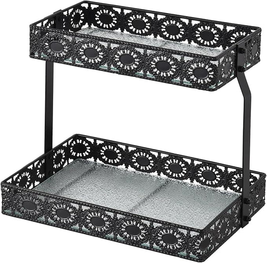 xiaojuande-Two Layer Glass Storage Tray with Portable Dressing Table Skin Care Product Organization Rack Corner Storage Rack for Bathroom Counter High-end Light Luxury Display Plate - Gold (Black)