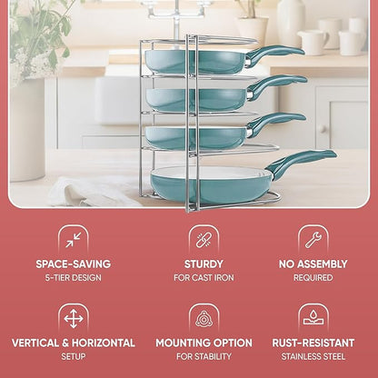 Extreme Matters Heavy-Duty Pots and Pans Organizer | 5-Tier Cookware & Lid Storage Rack | Free-Standing or Wall-Mount | Kitchen Organizer for Cast Iron Skillets, Pots, Frying Pans, Lids | Chrome