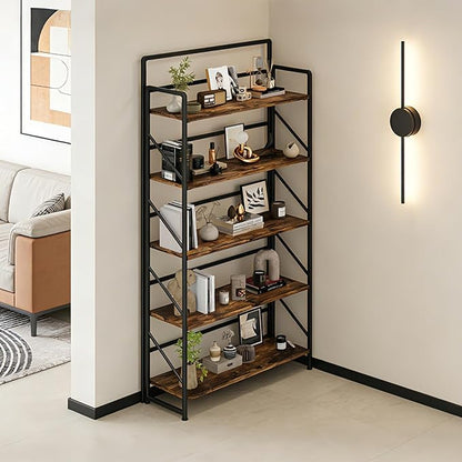 JSB Folding Bookshelf,Industrial Storage Shelves, No Assembly Vintage Wood Look Bookshelf with Storage Shelves for Living Room, Bedroom, Office (Fire Brown, Wide 5-Tier)