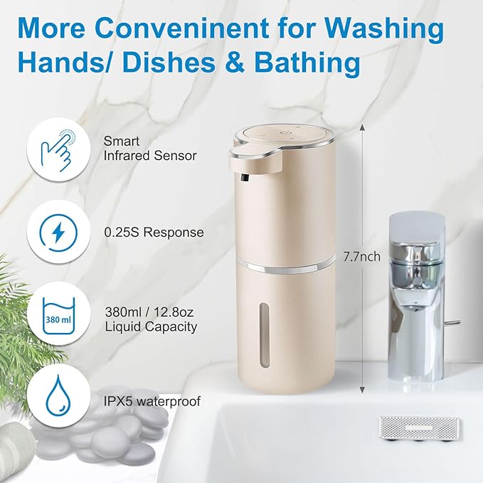 Gotofine Automatic Foaming Soap Dispenser,4-Level Adjustable Foam, Wall Mount,USB Rechargeable,12.8oz/ 380ml,Touchless Hand & Dish Soap Dispenser for Bathroom, Kitchen,Hotel, Restaurant