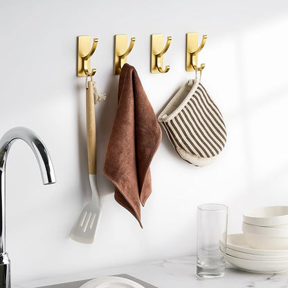 pickpiff Adhesive Wall Hooks with Strip - No Residue, Easy to Remove, Strong Heavy Duty Sticky Towel Hook, 4 Pack Brushed Gold