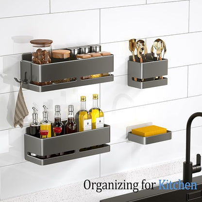 YESENT Bathroom Shower Caddy (5-Piece Set Storage Rack), Wall-Mounted Shelf with soap Dish and Toothbrush Holder, no Drilling Required, Ideal for Bathroom Storage and Also Suitable for Kitchen (Grey)
