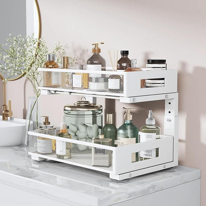 2 Packs 17IN Depth Under Sink Organizer, 2-Tier Pull Out Cabinet Organizer With Smooth Circular Rail, Large Capacity Metal Mesh Sliding Drawers For Bathroom& Kitchen Storage,Height Adjustable –White