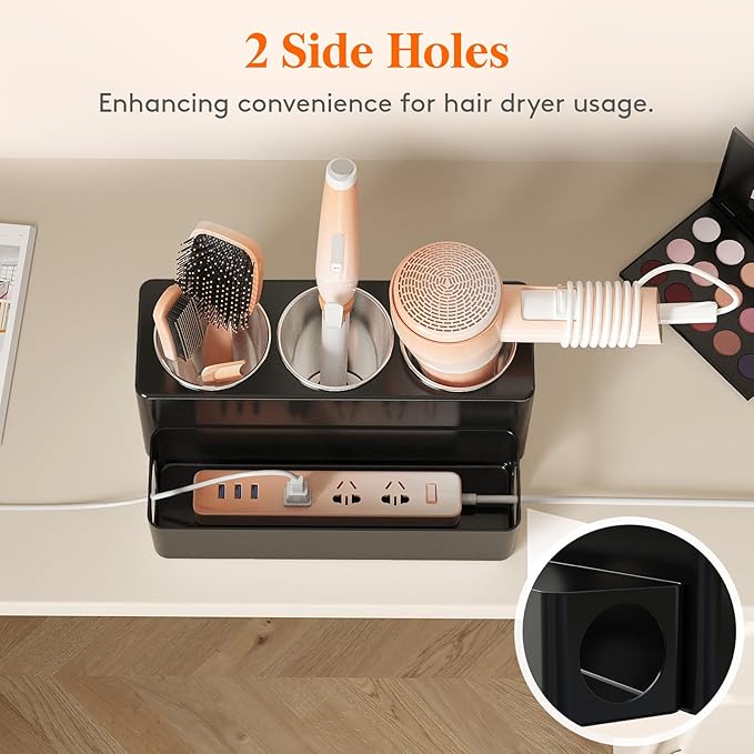 Lifewit Hair Tool Organizer Countertop, Removable Blow Dryer Holder for Bathroom Vanity, Acrylic Hot Tools Organizer Storage for Hair Dryer, Curling Iron, Brush, Straightener, 3 Stainless Cups, Black