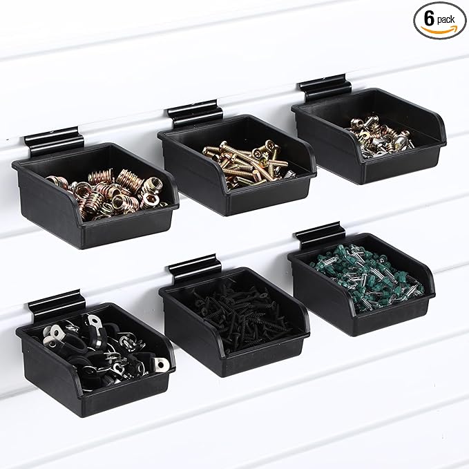 6 Pcs Slatwall Bins with Hooks Set, 4.1 x 4.1 x 1.89 Inch Slatwall Containers Wall Mounted Storage Bins for Organizing Accessories Tools Storage Office Workshop Garage Workbench (Black)