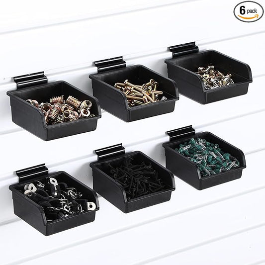 6 Pcs Slatwall Bins with Hooks Set, 4.1 x 4.1 x 1.89 Inch Slatwall Containers Wall Mounted Storage Bins for Organizing Accessories Tools Storage Office Workshop Garage Workbench (Black)